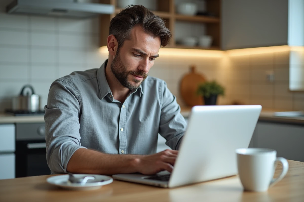 Un intervenant Azaé consultant l'extranet depuis la cuisine d'un domicile client avec une tablette