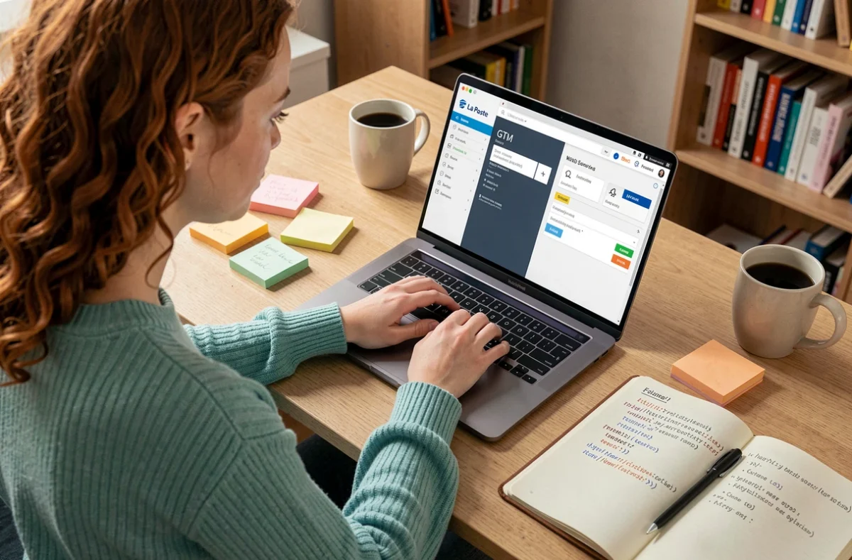Jeune femme configurant les accès GTM La Poste depuis son bureau à domicile