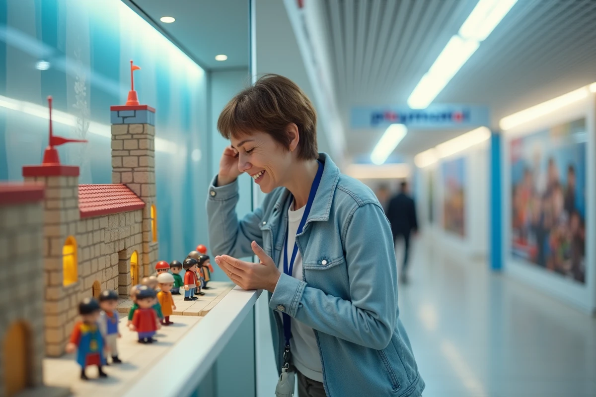 Femme visitant l'espace d'accueil d'un centre de visite Playmobil avec diorama de figurines médiévales