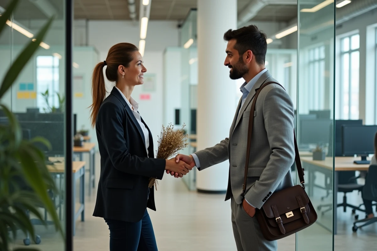 Collègue femme et homme se serrant la main lors d'un départ professionnel émotionnel dans un bureau moderne