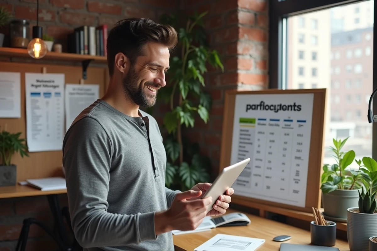 Homme comparant une affiche tarif imprimée et sa version numérique personnalisée sur tablette dans un bureau à domicile