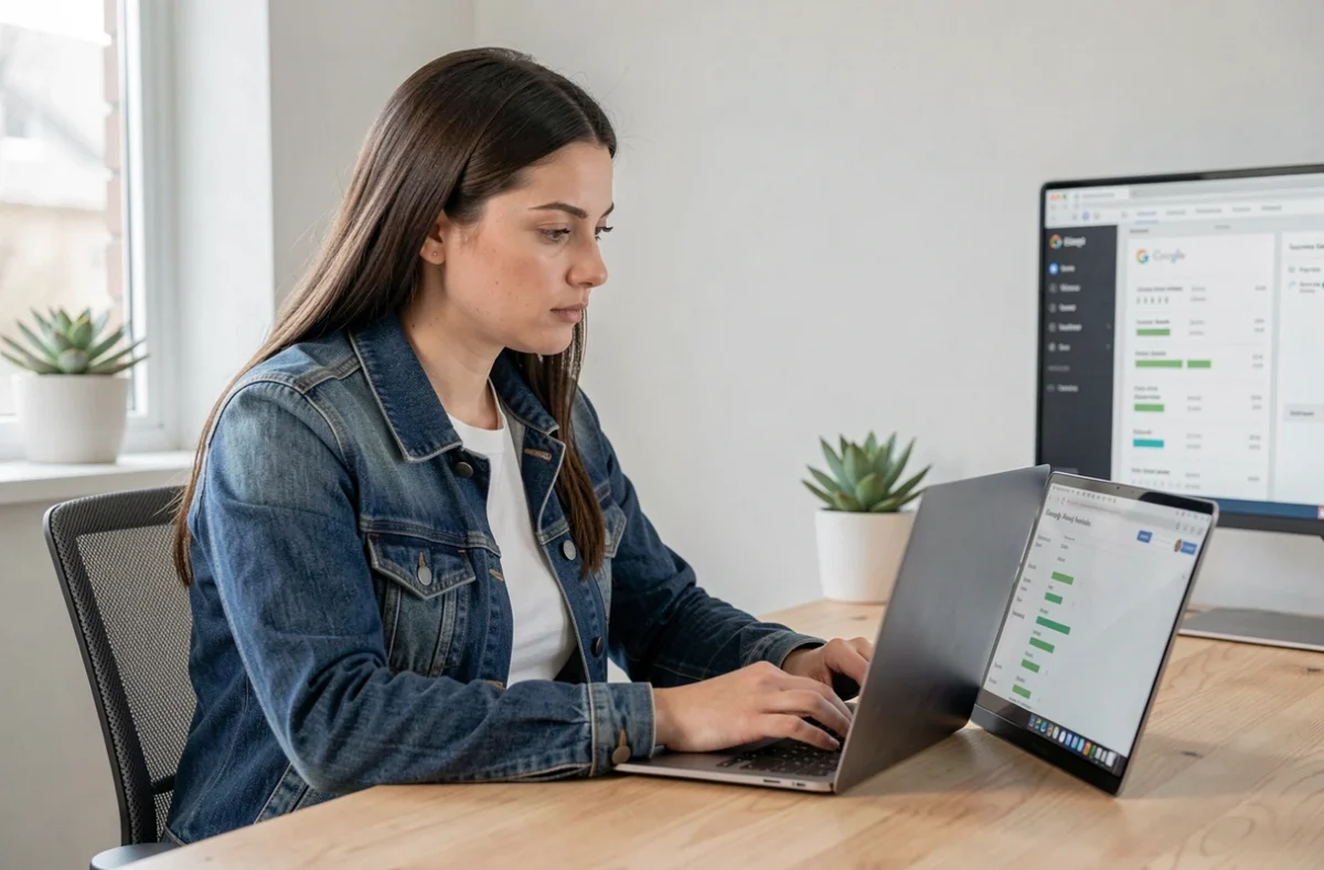 Stratège web de l'agence 2M Web analysant les performances Google Ads sur un ordinateur portable dans un bureau épuré