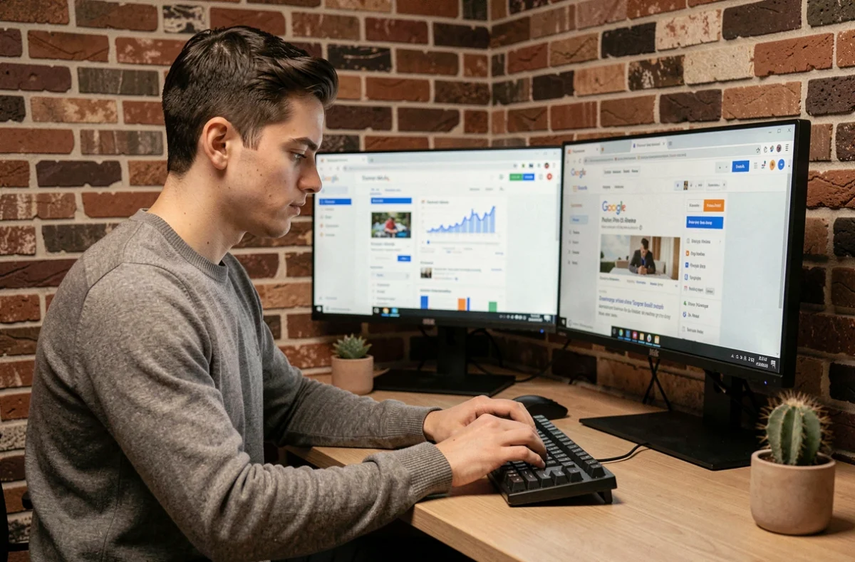 Expert en publicité digitale de l'agence Adstriver configurant des campagnes Google Ads sur deux moniteurs dans un bureau créatif