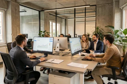 Équipe d'une agence Google Ads en Seine-et-Marne travaillant sur des campagnes publicitaires dans un open space moderne