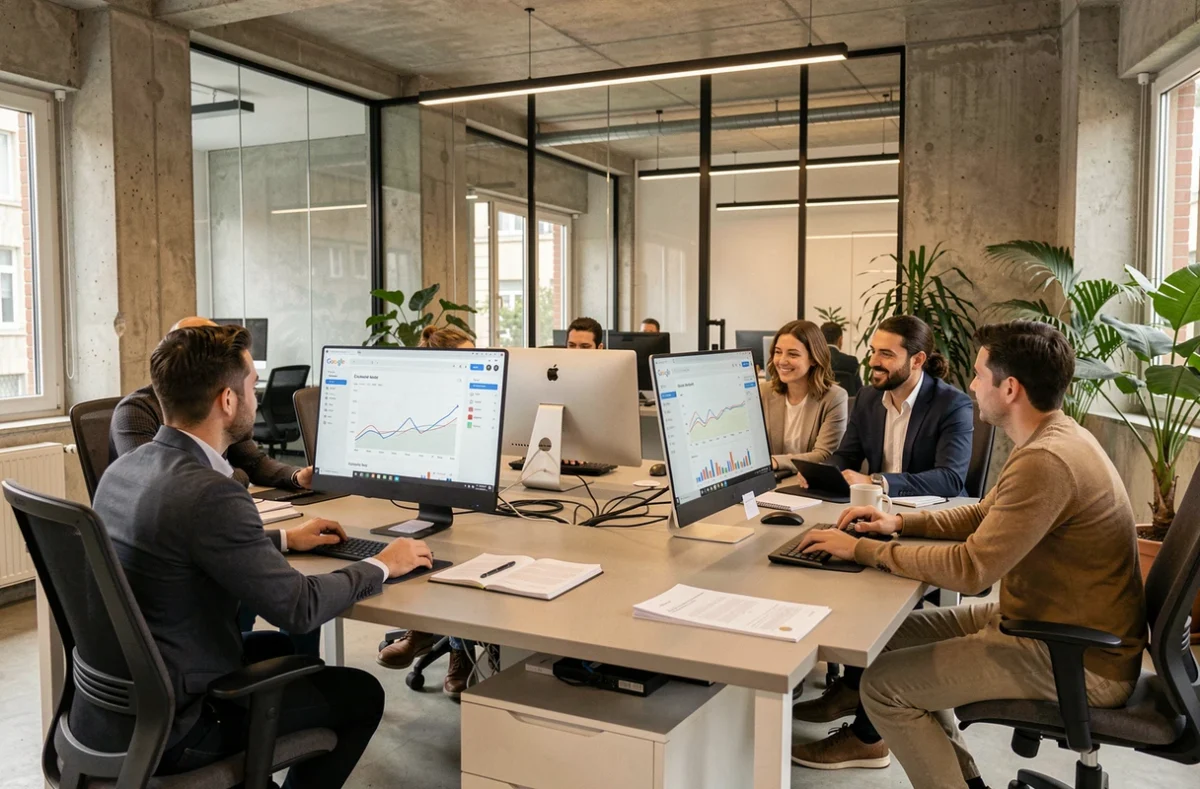 Équipe d'une agence Google Ads en Seine-et-Marne travaillant sur des campagnes publicitaires dans un open space moderne