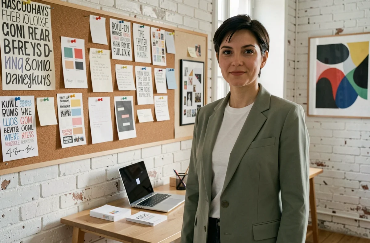 Directrice créative de l'agence lyonnaise Mute devant un moodboard de stratégie de communication digitale