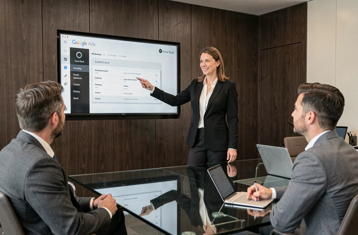 Consultante de l'agence Oscar Black présentant un rapport Google Ads à des clients dans une salle de réunion élégante