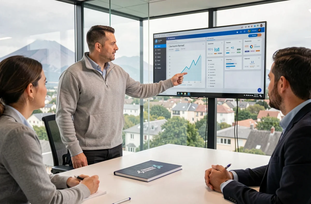 Stratège digital de l'agence Overscan présentant une campagne marketing à Clermont-Ferrand