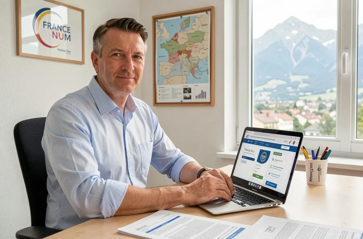 Consultant numérique de RP Digital, activateur France Num en Isère et en Rhône, à son bureau avec vue sur les Alpes