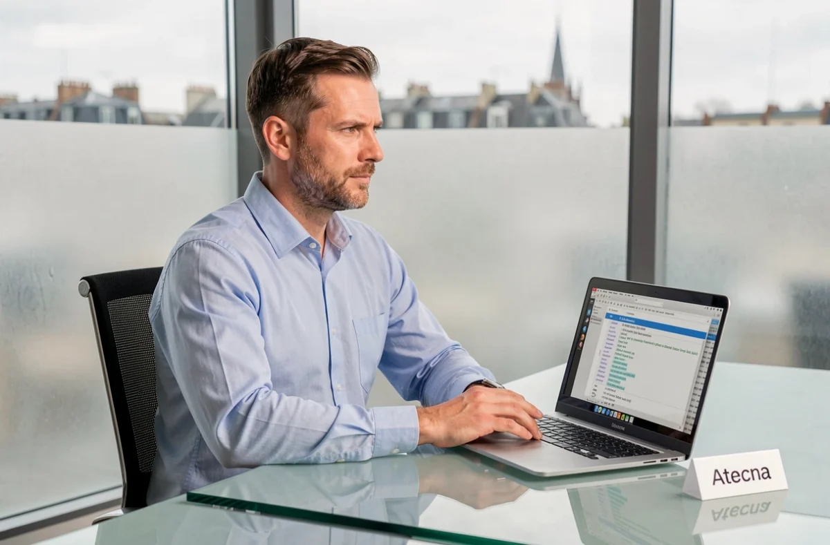 Consultant technique de l'agence Atecna analysant un rapport de crawl SEO dans un bureau corporatif avec vue sur la ville