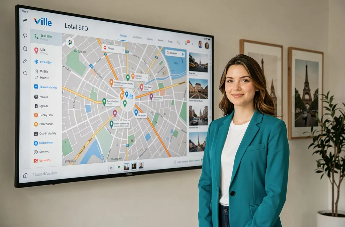 Spécialiste SEO local de l'agence Digitalille devant une carte de visibilité locale pour Lille affichée sur grand écran