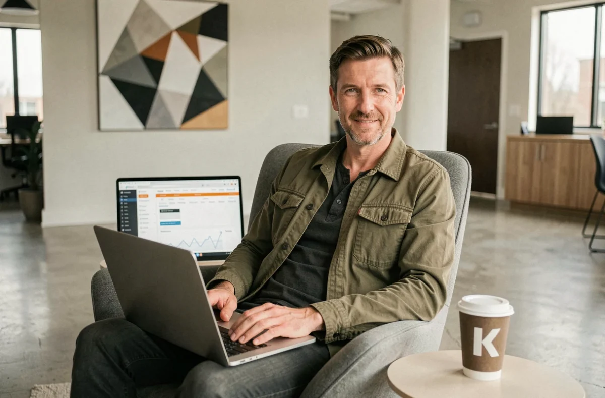 Stratège digital de l'agence Keblow travaillant sur une recherche de mots-clés dans un espace lounge moderne d'agence