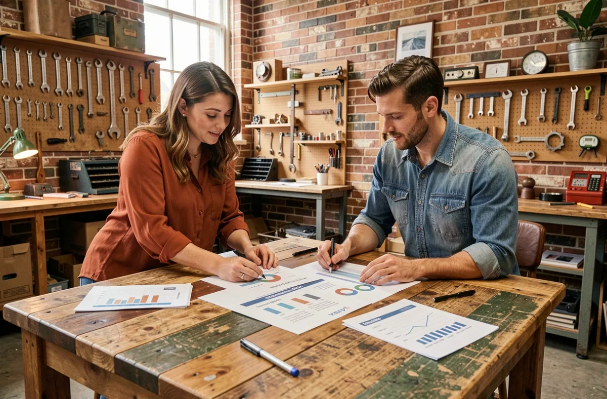 Deux experts de l'agence La Quincaillerie collaborant sur des rapports SEO imprimés dans un bureau à l'ambiance vintage industrielle