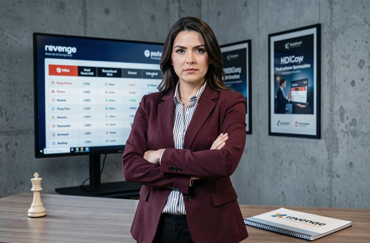 Consultante de l'agence La Revanche des Sites affichant une posture confiante devant un tableau de classement SEO