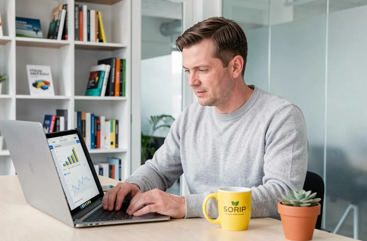 Consultant de l'agence Lemon Interactive travaillant sur une stratégie SEO avec une tablette dans un espace de coworking