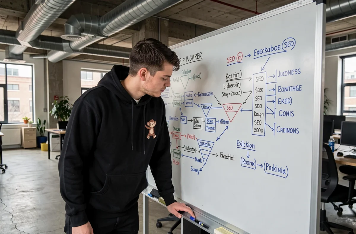 Stratège SEO de l'agence SEO Monkey devant un tableau blanc couvert de cartographies de mots-clés dans un bureau style startup
