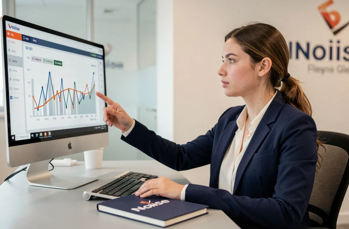 Professionnelle de l'agence Noiise analysant des données SEO sur un écran dans un bureau moderne
