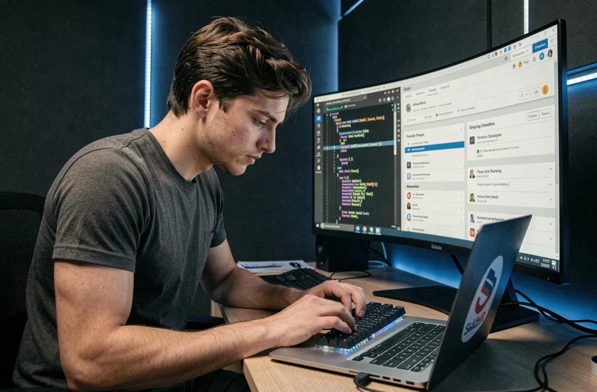 Développeur SEO de l'agence SlashR codant une optimisation technique dans un bureau moderne aux murs sombres