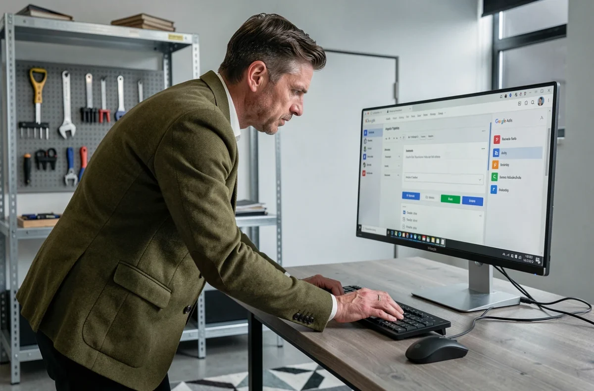 Spécialiste Google Ads de l'agence Spread'RGD analysant le ciblage d'audience sur un grand écran dans un bureau industriel moderne