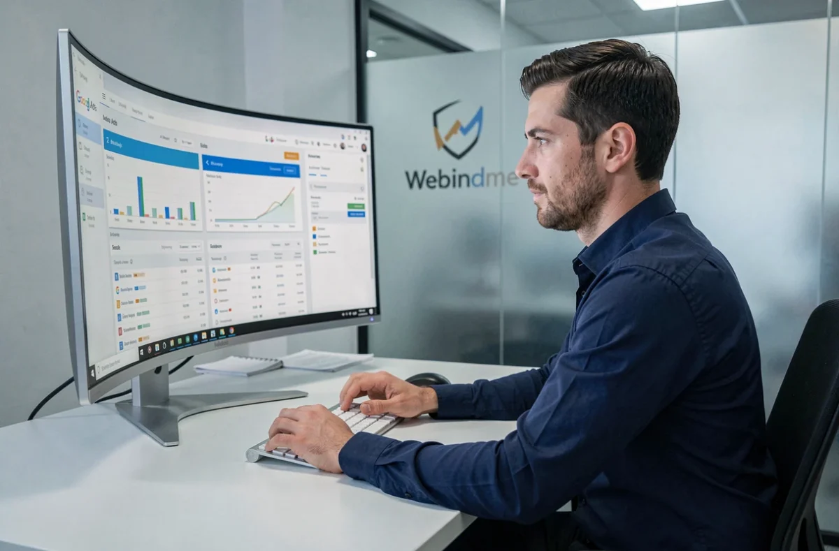 Stratège digital de l'agence Webindme analysant des campagnes Google Ads sur un écran dans un bureau minimaliste