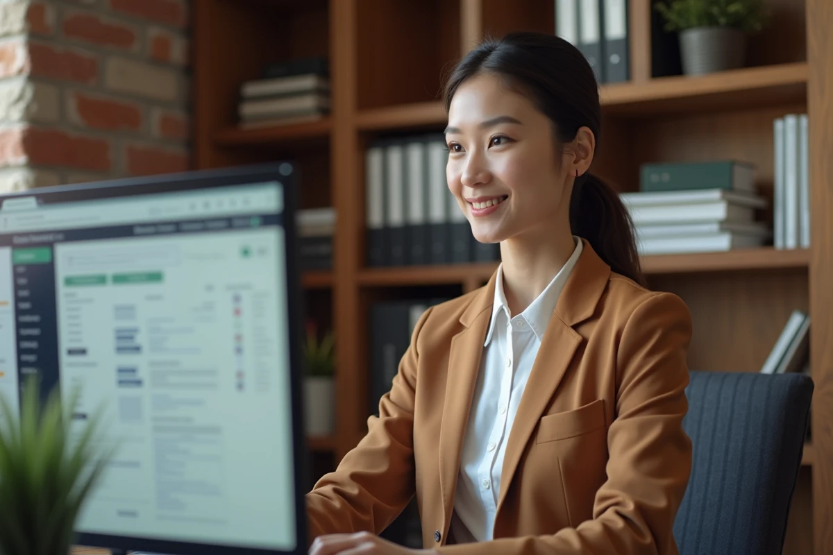 Agent d'assurance féminine travaillant sur l'extranet AXA depuis son bureau à domicile
