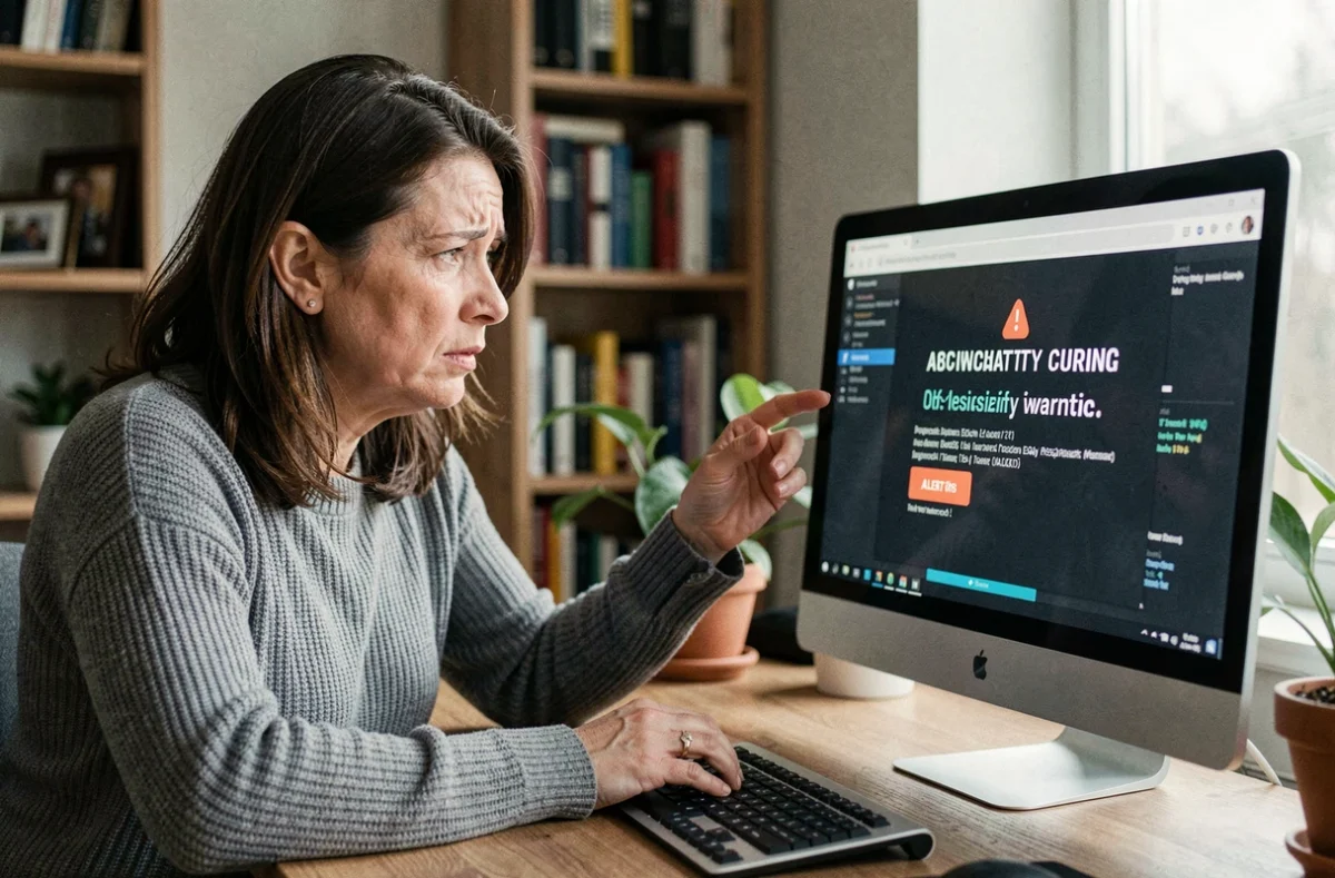 Femme face à une alerte de sécurité informatique à domicile, protection des données personnelles en danger