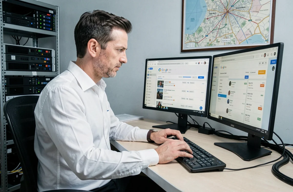 Technicien de l'agence Alesta Computer gérant des campagnes Google Ads sur un poste de travail dans un bureau technique en Seine-et-Marne