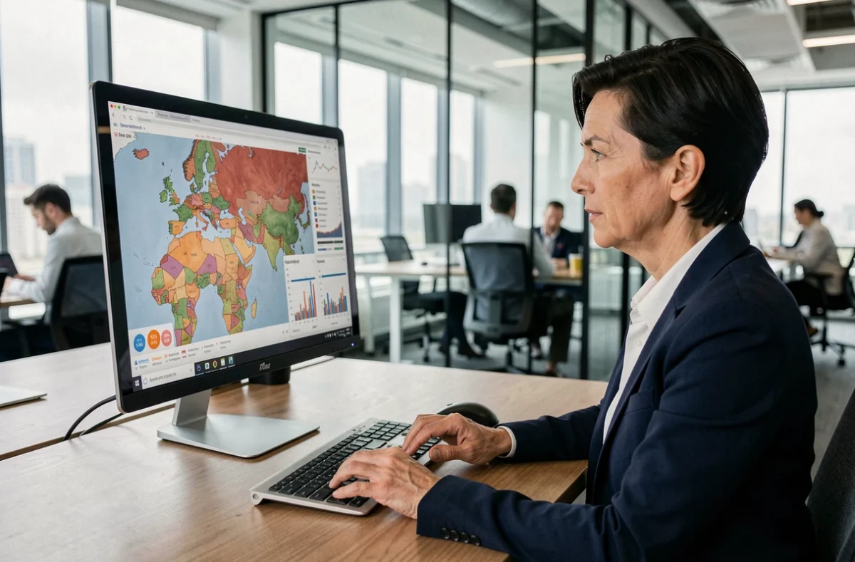Femme analyste consultant des indicateurs économiques locaux sur un tableau de bord numérique en open space