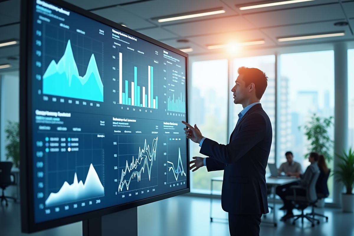 Professionnel analysant des indicateurs sur un tableau digital