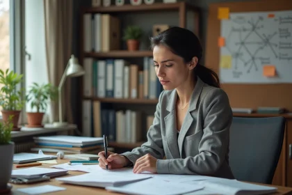 Femme analyste examinant des documents et hypothèses épinglés sur un tableau de liège dans un bureau encombré