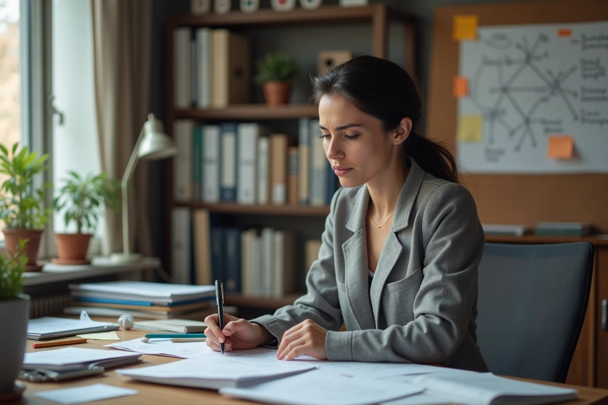 Femme analyste examinant des documents et hypothèses épinglés sur un tableau de liège dans un bureau encombré