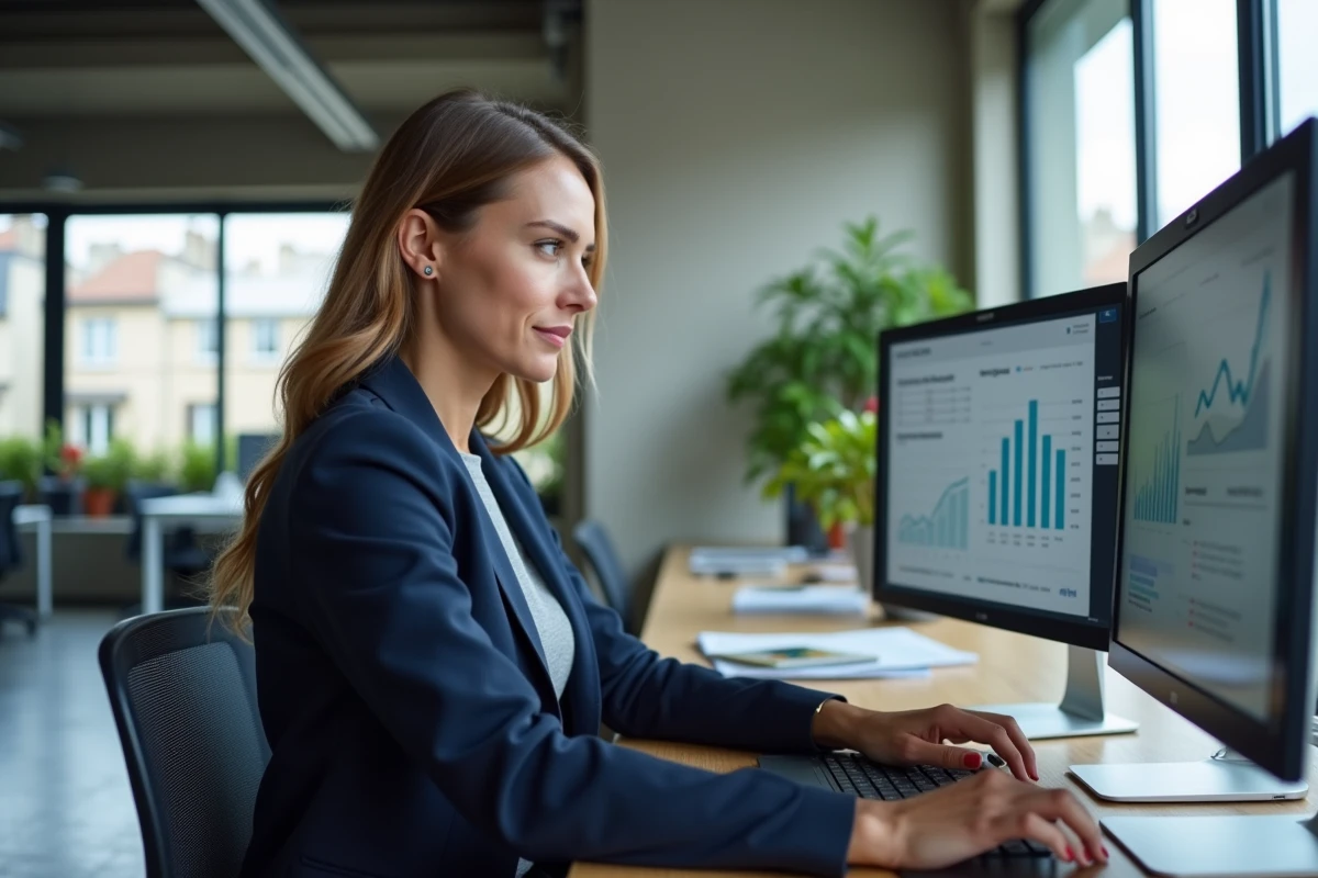 Femme analyste data dans un bureau parisien moderne consultant des tableaux de bord de recrutement sur deux écrans
