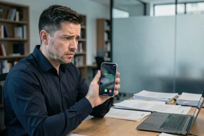 Homme inquiet recevant un appel téléphonique suspect au bureau, risque pour les données personnelles
