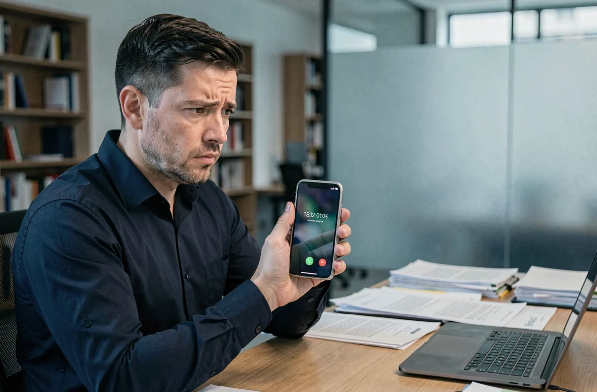Homme inquiet recevant un appel téléphonique suspect au bureau, risque pour les données personnelles