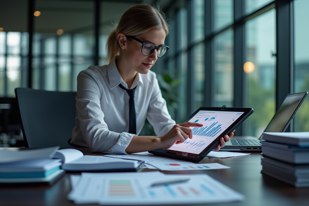 Auditeur analysant des graphiques financiers sur une tablette