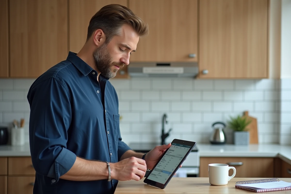 Auto-entrepreneur gérant sa comptabilité sur tablette dans une cuisine moderne avec des reçus et une facture simplifiée