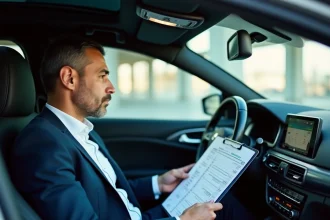 Cadre professionnel calculant l'avantage en nature véhicule dans l'habitacle d'une voiture de société