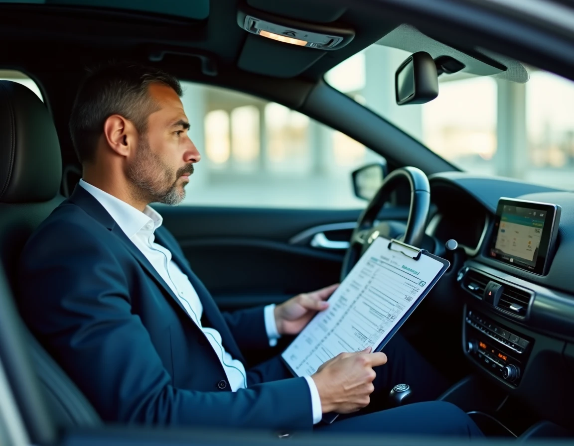 Cadre professionnel calculant l'avantage en nature véhicule dans l'habitacle d'une voiture de société