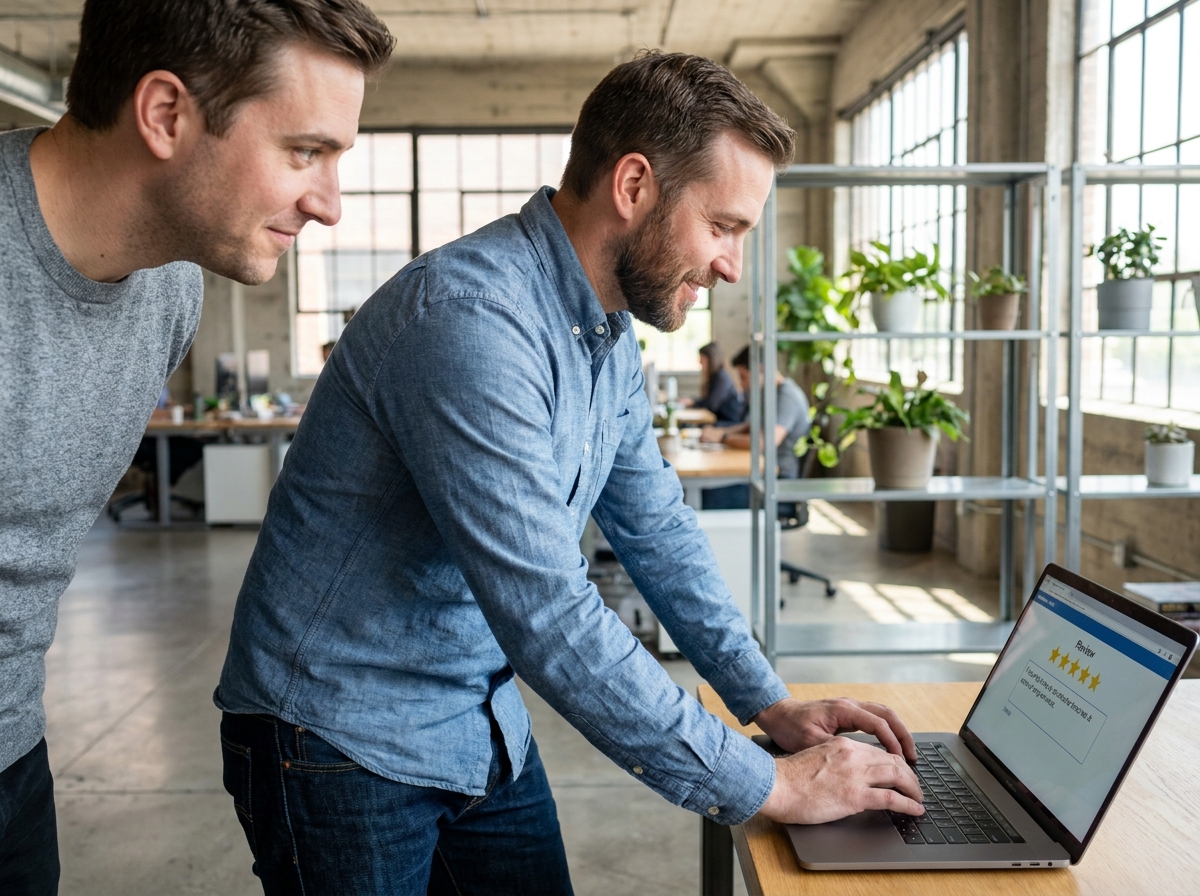 Employé rédigeant un avis en ligne positif sur son ordinateur portable dans un espace de coworking moderne