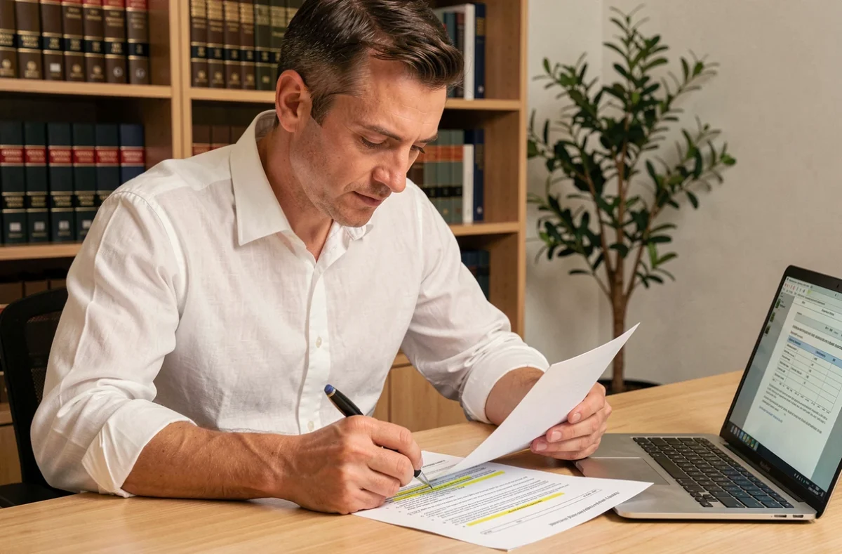 Avocat analysant les clauses d'un contrat de sponsoring dans son bureau avec des livres juridiques en arrière-plan