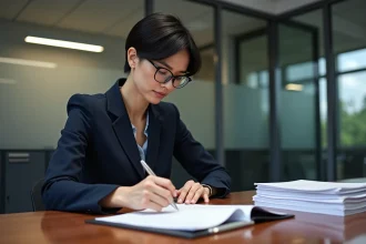 Avocate d'affaires examinant un contrat dans un bureau moderne