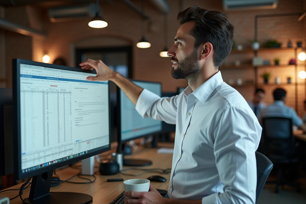 Homme d'affaires consultant une base de données d'entreprises sur double écran dans un espace de coworking pour une stratégie de prospection légale en B2B