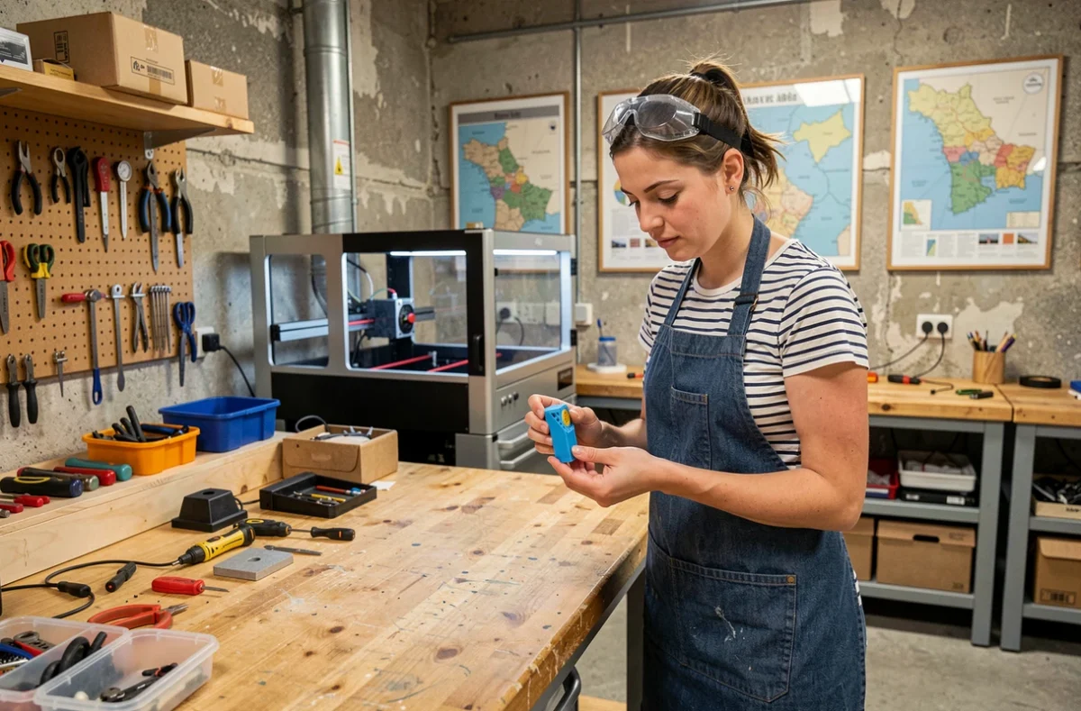 Espace Bigouden Makers à Pont-l'Abbé avec une maker inspectant une pièce fabriquée dans l'atelier