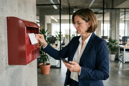 Femme en entreprise déposant un mot dans une boîte à idées traditionnelle tout en tenant son smartphone, illustrant la tension entre outils analogiques et numériques au bureau