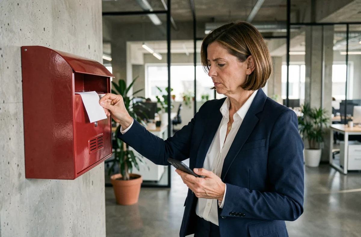 Femme en entreprise déposant un mot dans une boîte à idées traditionnelle tout en tenant son smartphone, illustrant la tension entre outils analogiques et numériques au bureau
