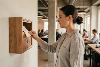 Employée déposant un message dans une boîte à idées physique en bois dans un bureau moderne