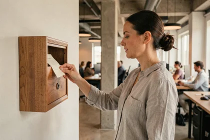 Employée déposant un message dans une boîte à idées physique en bois dans un bureau moderne
