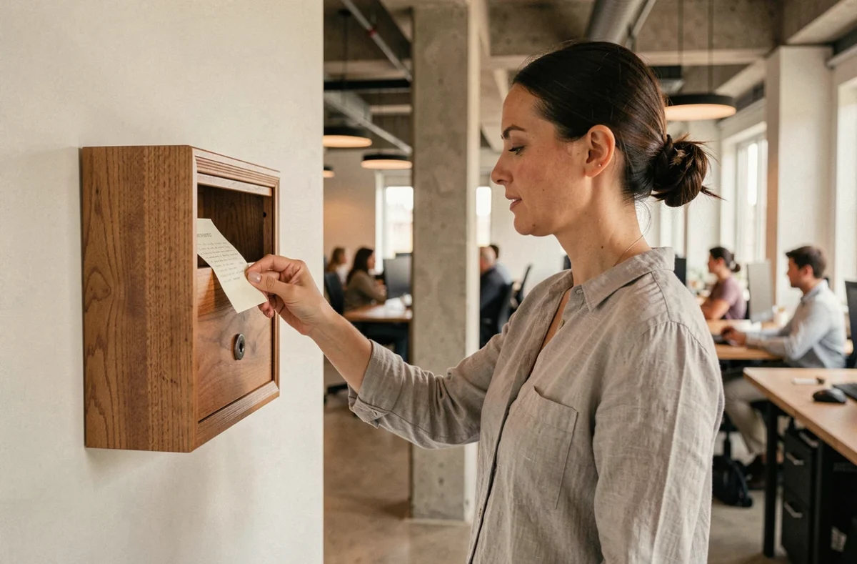 Employée déposant un message dans une boîte à idées physique en bois dans un bureau moderne