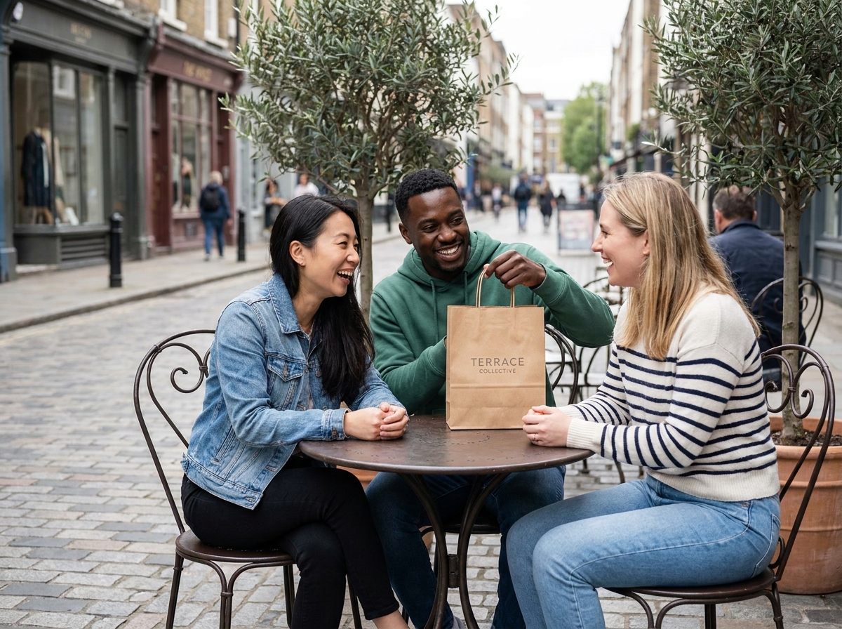 Groupe d'amis partageant spontanément une recommandation de marque autour d'un sac shopping en terrasse urbaine
