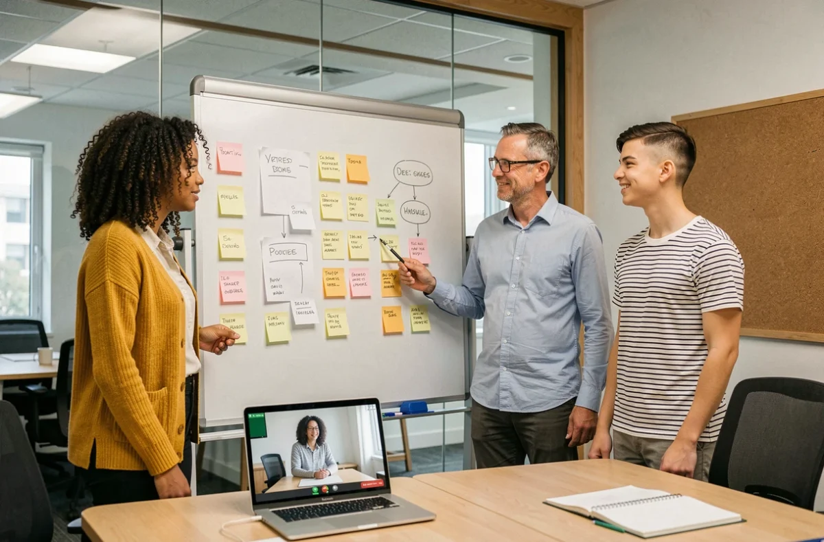 Équipe diverse réunie autour d'un tableau blanc lors d'une session de brainstorming hybride combinant présentiel et télétravail, avec notes autocollantes et appel vidéo
